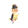 Angry Napoleon Bonaparte cartoon character holding map in his hands, comic French historical figure vector Illustration