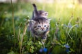 Angry newborn tabby black and grey cat discovering new beauties in the garden in the taller grass and demanding attention. Roar.