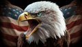 Angry North American bald eagle over American flag. Patriotic holiday celebrate 4th of July. Generative AI Royalty Free Stock Photo