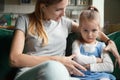 Angry offended little girl ignoring mother words, advice Royalty Free Stock Photo