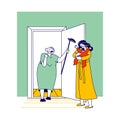 Angry Old Neighbor Female Character with Walking Cane Yelling on Young Desperate Mother with Crying Newborn Baby on Hand