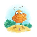 Angry orange bird quarrels with a worm. Royalty Free Stock Photo