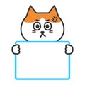 Angry orange tabby cat informing something with a blank sign, vector illustration.