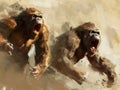 An angry pair of chimpanzees runs towards the viewer, mouths open and teeth bared. Royalty Free Stock Photo