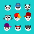 Angry panda face set. Evil bear. Panda gangster gang set. vector illustration