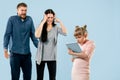 Angry parents scolding their daughter at home Royalty Free Stock Photo