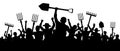 Angry peasants protest demonstration. A crowd of people with a pitchfork shovel rake. Riot workers vector silhouette Royalty Free Stock Photo