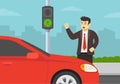 Angry pedestrian yelling at car driver blocking crosswalk. Red light signal running car. Royalty Free Stock Photo