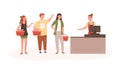 Angry people at checkout flat vector illustration. Indignant customers standing in queue cartoon characters. Nervous