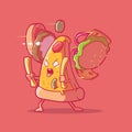 Angry Pizza slice cutting a burger vector illustration.