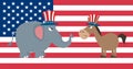 Angry Political Elephant Republican Vs Donkey Democrat Over USA Flag Royalty Free Stock Photo