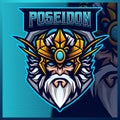 Poseidon King mascot esport logo design illustrations vector template, Neptune with Trident logo for team game streamer youtube