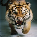 An angry predatory tiger grins and growls, huge fangs, the tiger attacks, portrait, close-up