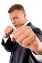 Angry professional showing boxing gesture Royalty Free Stock Photo