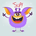 Angry purple cartoon monster gremlin yelling with a big mouth. Halloween vector illustration