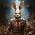angry rabbit businessman in suit in dark forest AI generated Royalty Free Stock Photo