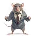 Angry rat wearing business suit standing with clenched fists isolated on white background, generative AI illustration