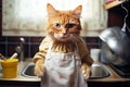 Angry red cat in an apron washes dishes in a home kitchen.