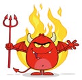 Angry Red Devil Cartoon Character Holding A Pitchfork Over Flames Royalty Free Stock Photo