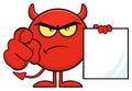 Angry Red Devil Cartoon Emoji Character Pointing With Finger And Holding A Blank Sing Royalty Free Stock Photo