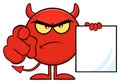 Angry Red Devil Cartoon Emoji Character Pointing With Finger And Holding A Blank Sing. Royalty Free Stock Photo