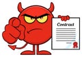 Angry Red Devil Cartoon Emoji Character Pointing With Finger And Holding A Contract.