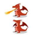 Angry red dragon with fire breath, cartoon vector