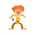 Angry red haired clown cartoon character, halloween clown with evil eyes holding axe vector Illustration on a white Royalty Free Stock Photo