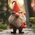 Angry red-hatted gnome on a forest pathway Royalty Free Stock Photo