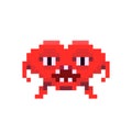 Angry red space invader monster, game enemy in pixel art style on white