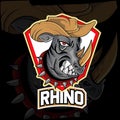 Angry rhinoceros head logo vector wearing hat