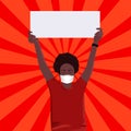 Dark skin woman wearing mask holding a banner isolated on red background