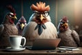 Angry rooster boss and three hens behind a laptop, office work concept. Generative AI