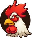 Angry rooster head with dark circular background.