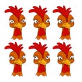 Angry rooster. Set of different eye movements. The bird looks left, right, up, down. Team mascot. Cartoon style. Colored vector Royalty Free Stock Photo