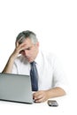 Angry sad senior gray hair businessman laptop