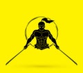 Angry Samurai standing with swords front view cartoon graphic vector.