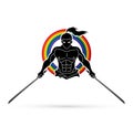 Angry Samurai standing with swords front view cartoon graphic vector.
