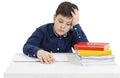 Angry schoolboy with learning difficulties. Tired teenage boy study. Isolated on a white background.