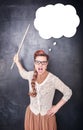 Angry screaming teacher with pointer on blackboard background Royalty Free Stock Photo