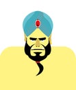 Angry Sheikh turban. Emir with beard. Blue turban is decorated