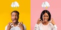 Angry shocked excited unhappy adult black man and female with lightning cloud and rain overhead Royalty Free Stock Photo