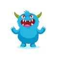 Angry Smile. Emotions Monster. Angry Evil Face. Sinister Blue Monster Cartoon Mascot Character.