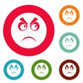 Angry smile icons circle set vector