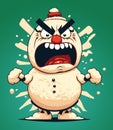 A angry snowman drawn on a blue green background. Simple graphics