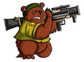 The angry soldier bear is shooting with the bazooka