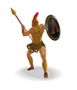 Angry spartan warrior with armor and hoplite shield shouted and Royalty Free Stock Photo