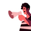 Angry speaker shouting, speaking with megaphone. Activists speech with loudspeaker in hand. Discontent character Royalty Free Stock Photo