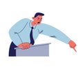 The angry speech of the figure behind the podium. A man in a blue shirt with a tie points his finger at someone. Vector