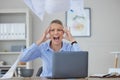 Angry, stress and woman screaming at her office desk in frustration and fear at work issues. Serious panic, rage or